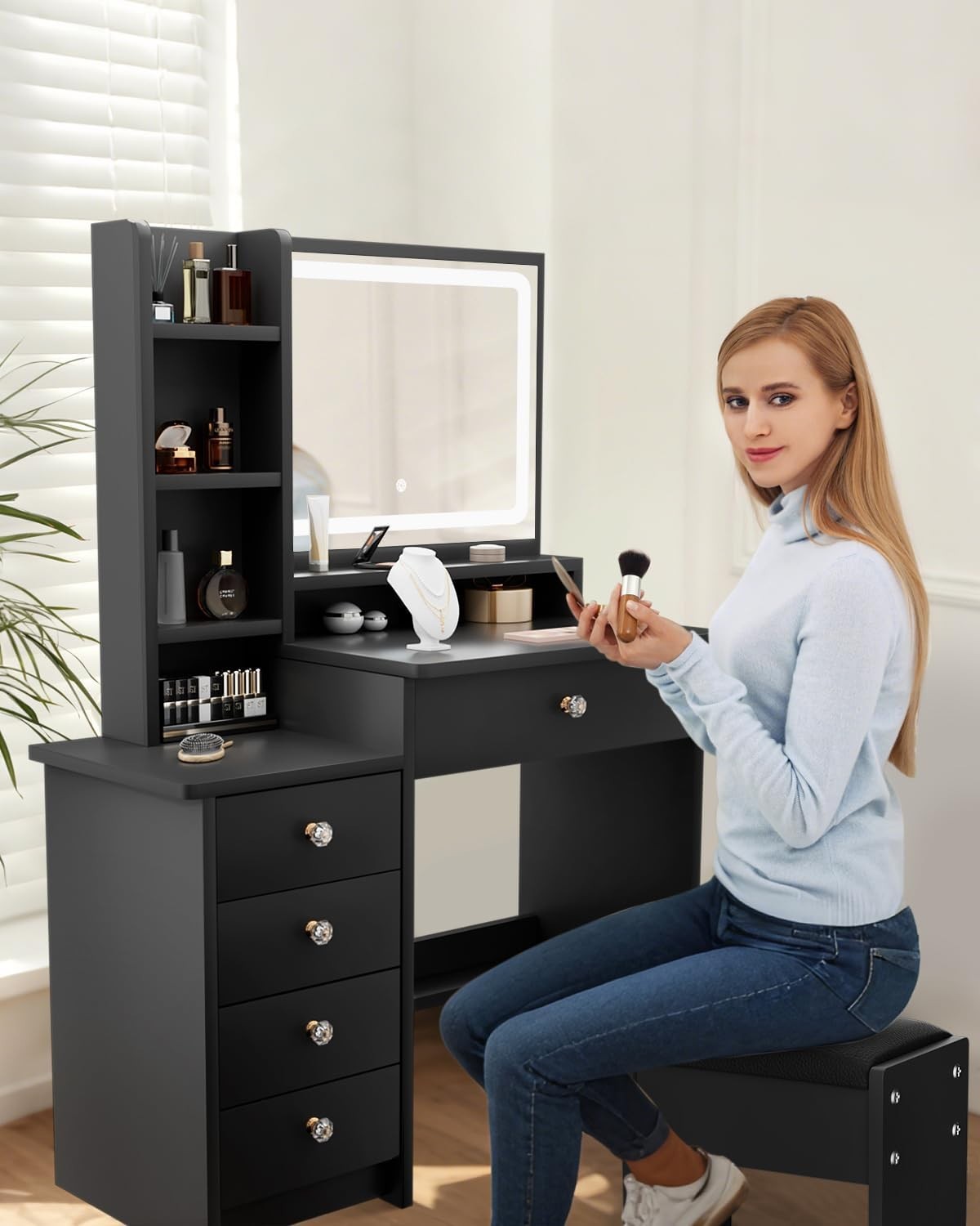 Black Vanity Table LED Mirror 5 Drawers Makeup Desk Dressing Table Stool Set