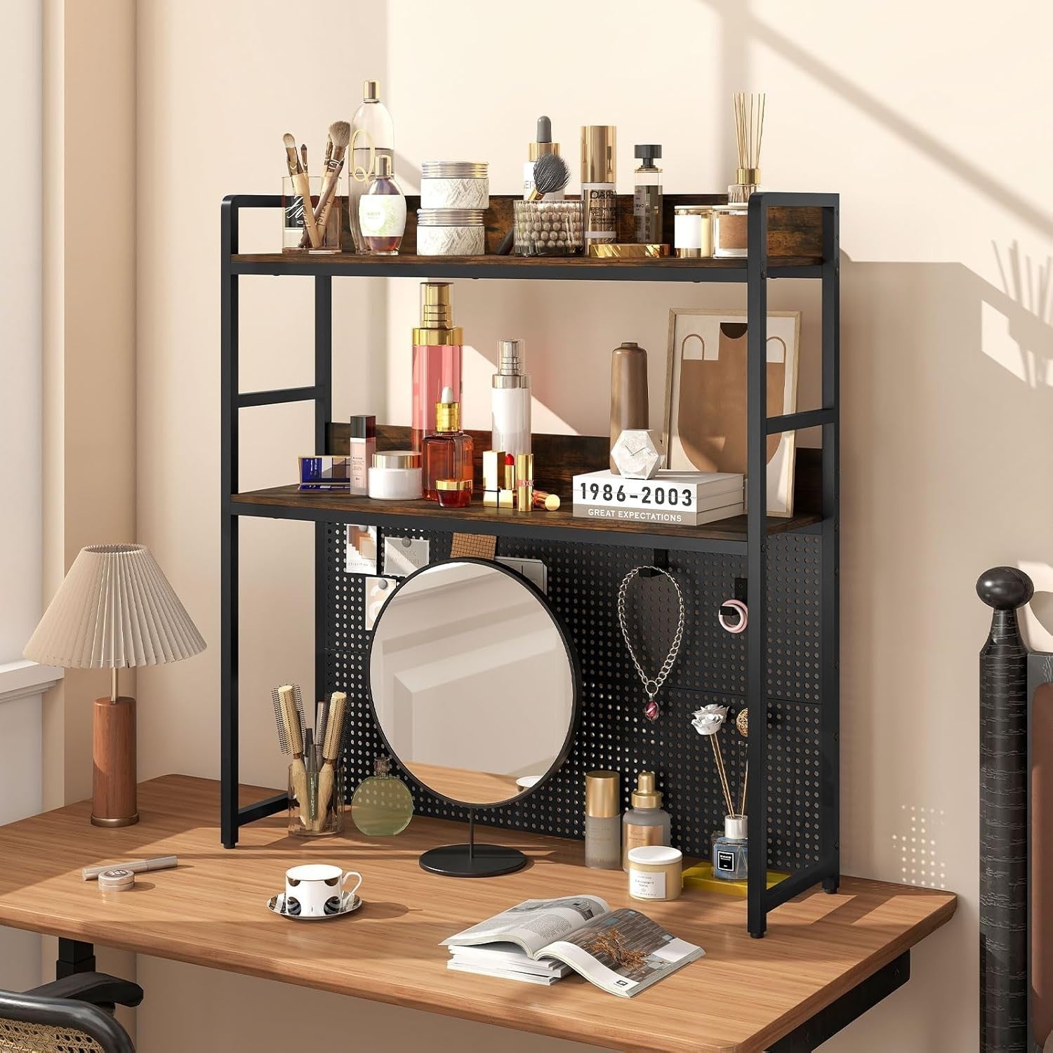 2-Tier Desktop Bookshelf Hutch Pegboard Monitor Shelf Rack Industrial Storage