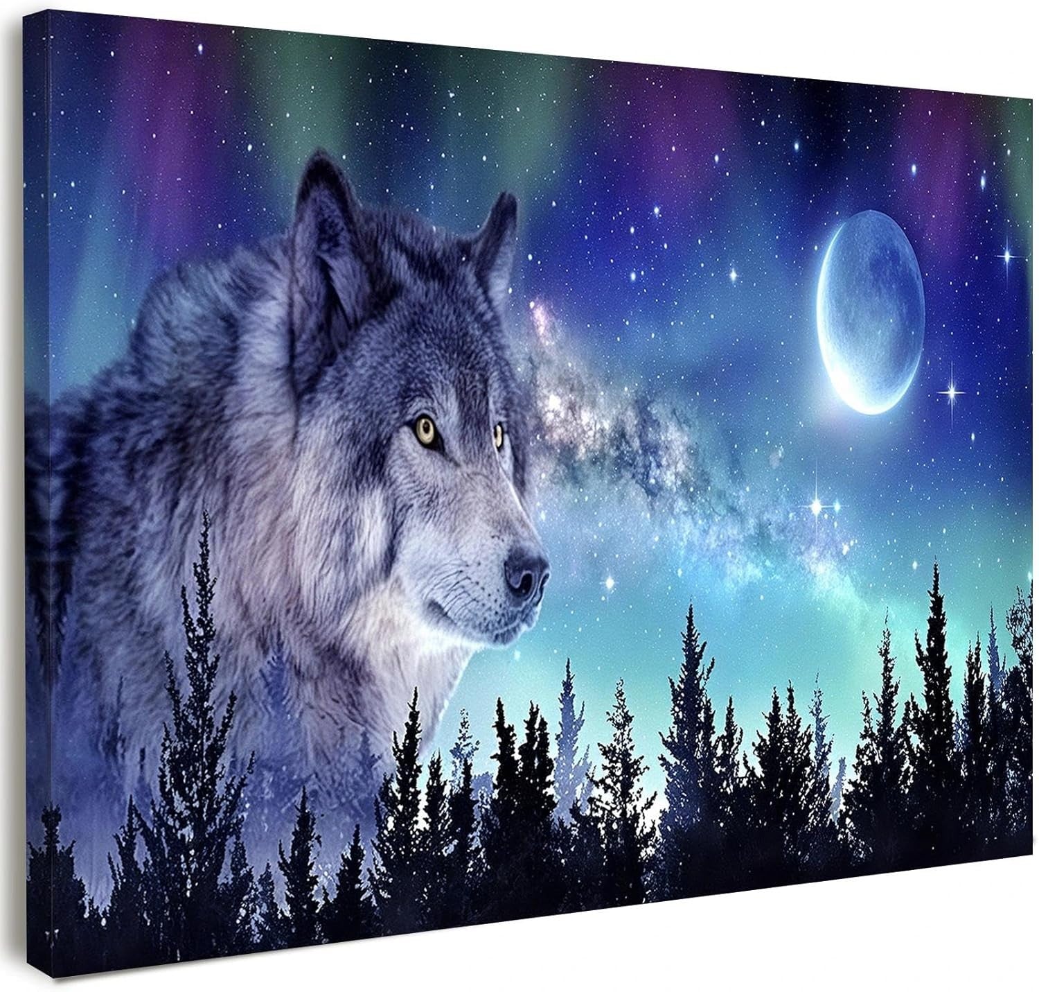 12×16″ Wolf Moon & Northern Lights Framed Canvas Wall Art – Ready Hang