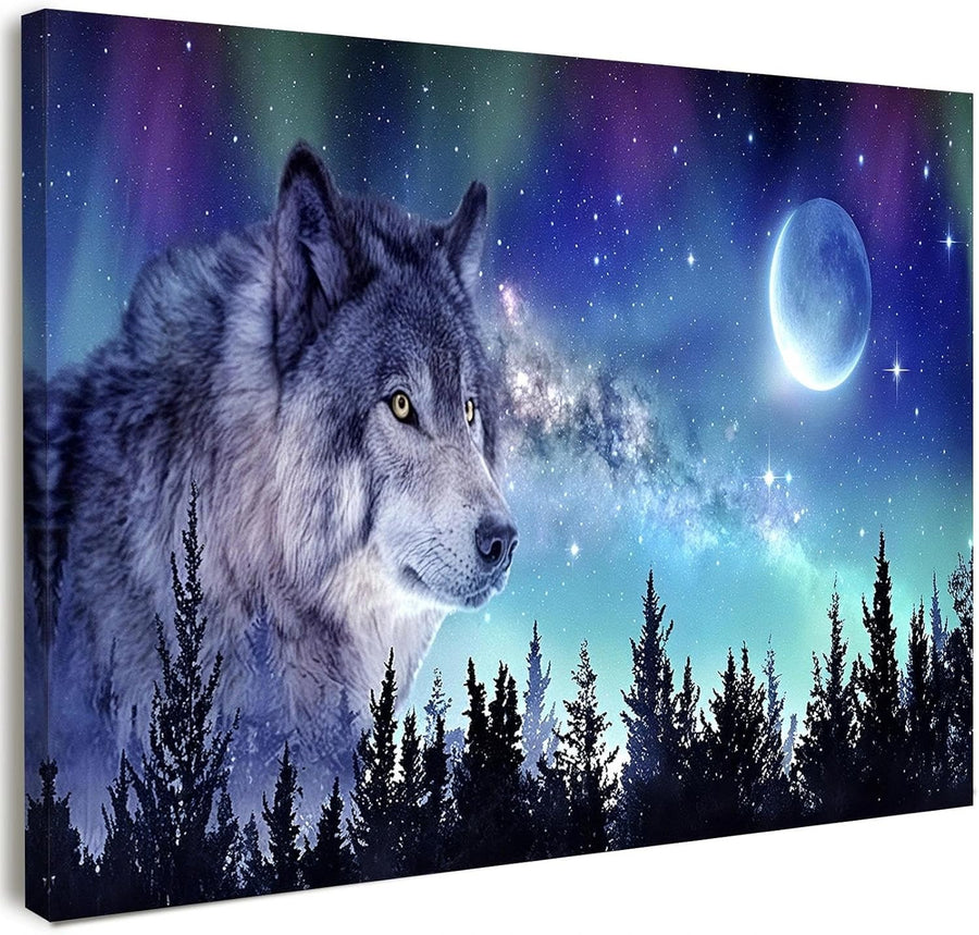 12×16″ Wolf Moon & Northern Lights Framed Canvas Wall Art – Ready Hang