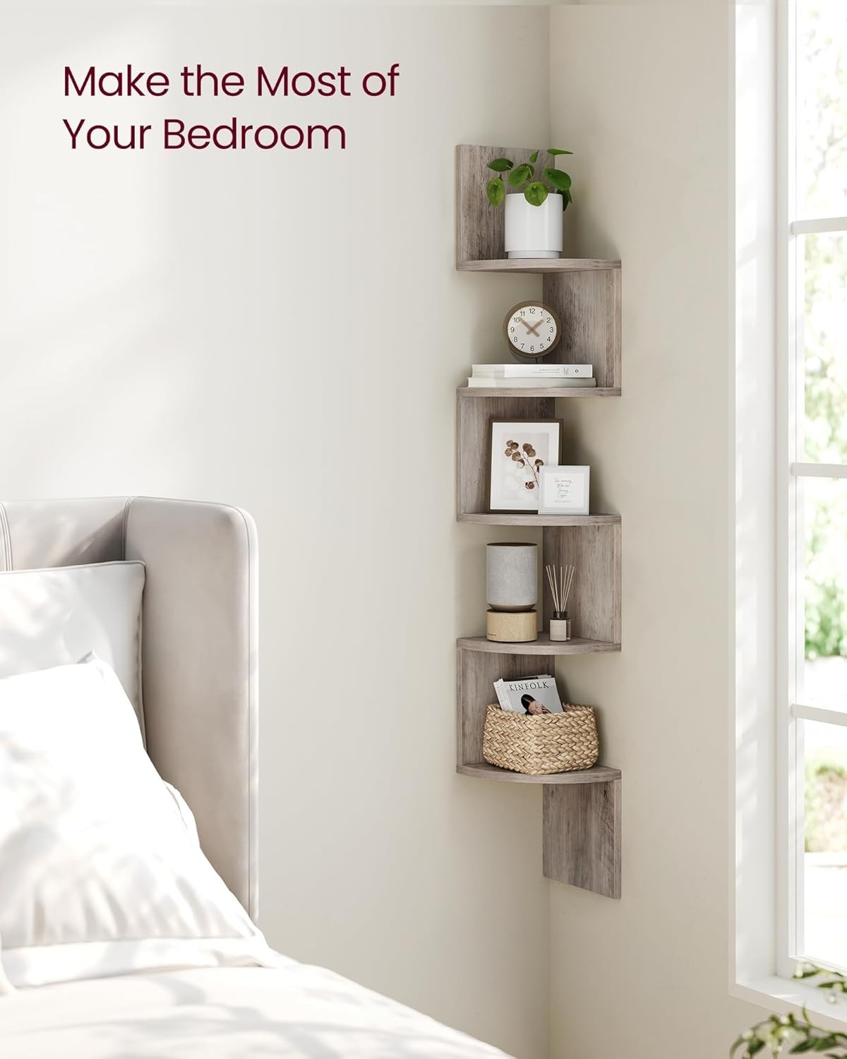5 Tier Corner Wall Shelf Greige Floating Zigzag Display Unit 126cm