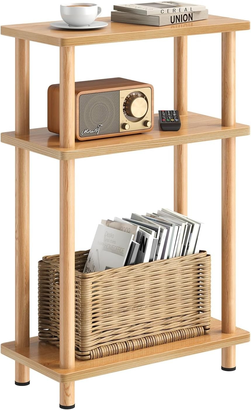 Slim 3-Tier Side Table, Space-Saving Narrow End Table for Living Room, Oak