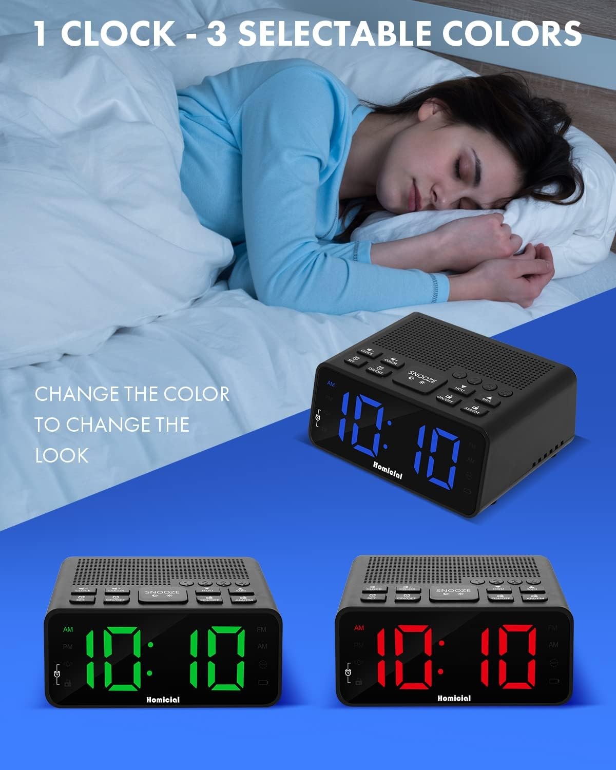 Digital Alarm Clock FM Radio Large LED Display Snooze Black