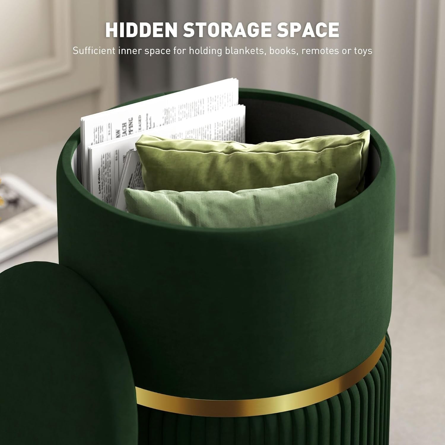 Dark Green Velvet Round Storage Stool – Padded Ottoman with Hidden Space