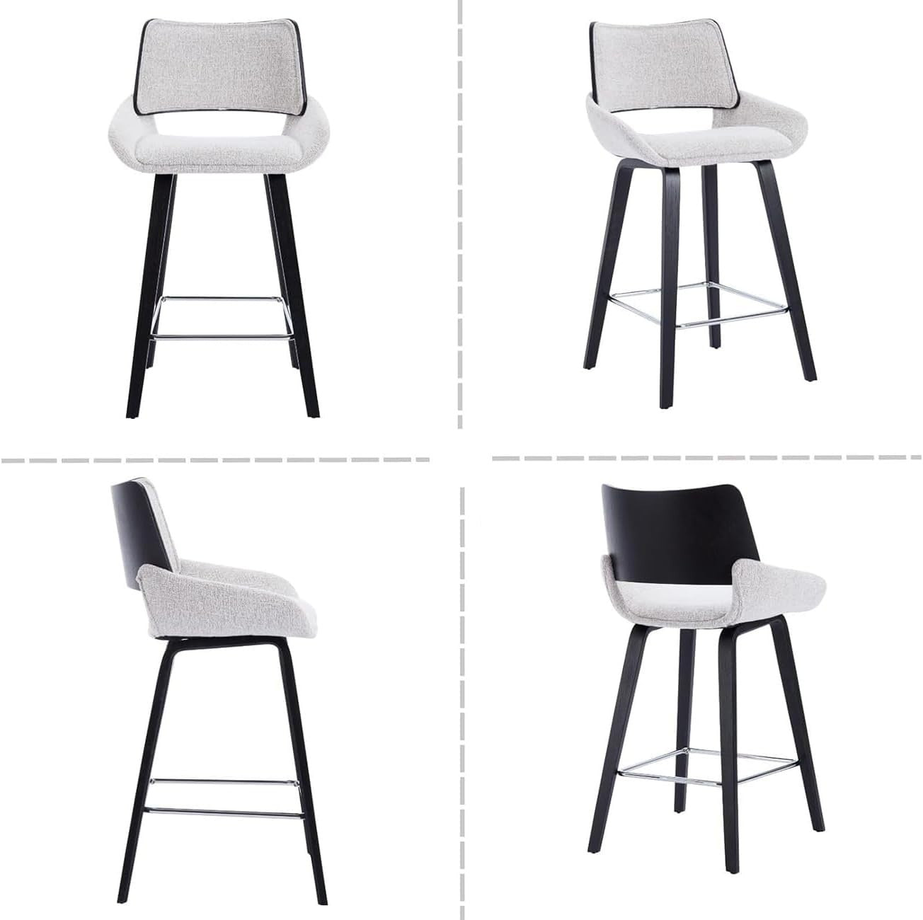 Modern Grey Bar Stools Set of 2 | Chenille Seat, Solid Wood Frame