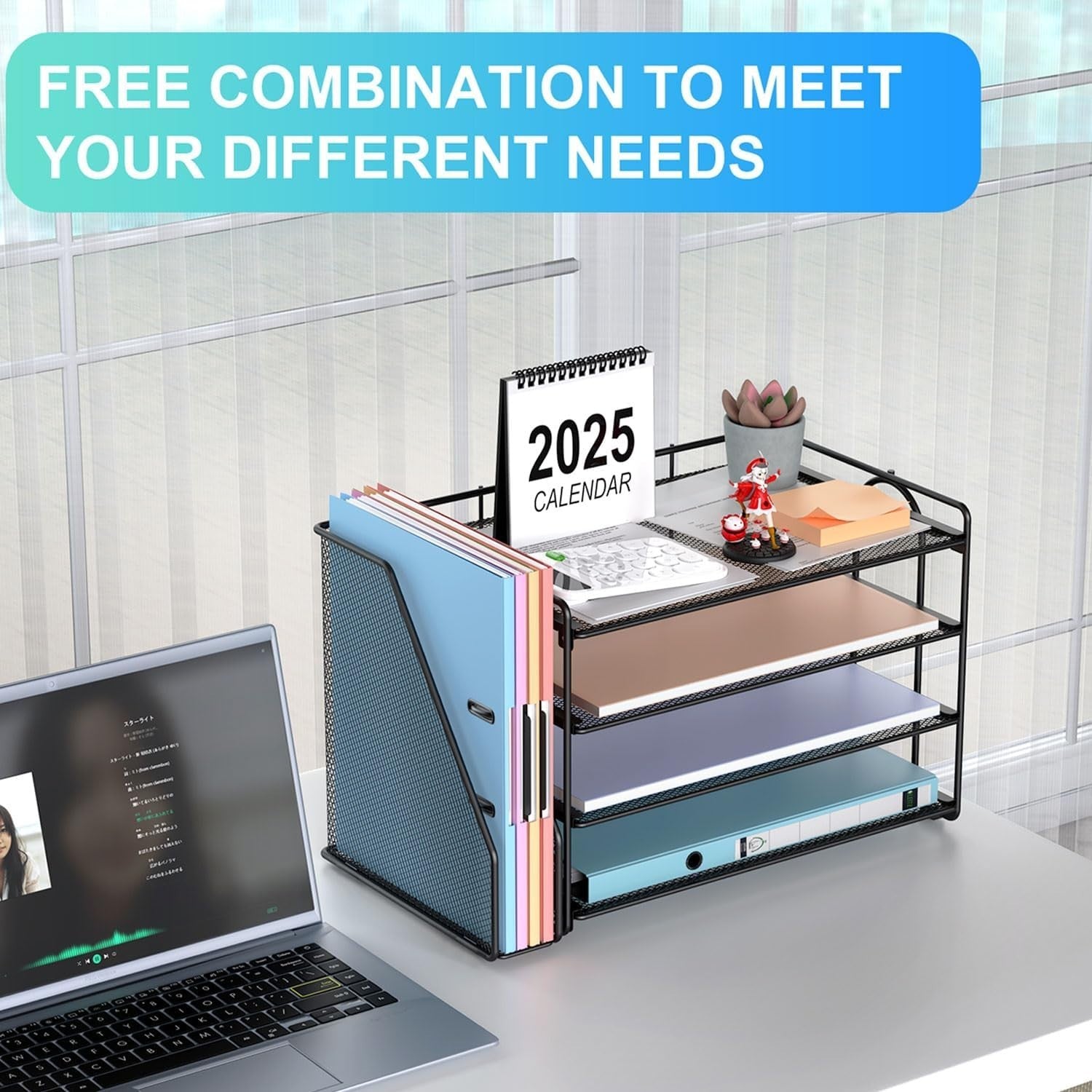 4-Tier Desk Organizer with Magazine Holder | Metal File & Paper Storage