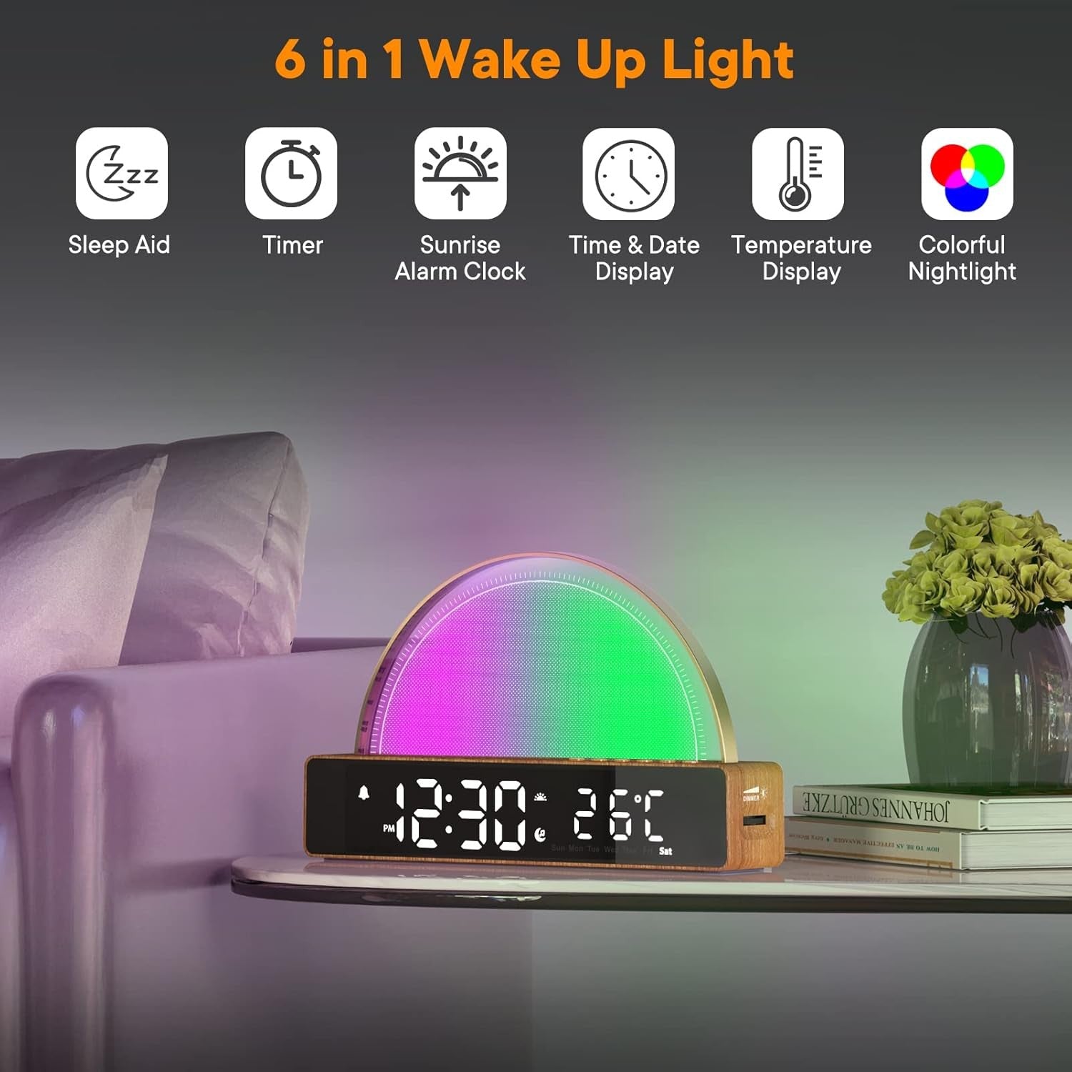 Sunrise Alarm Clock Wake Up Light White Noise Touch Dimmable Night Lamp