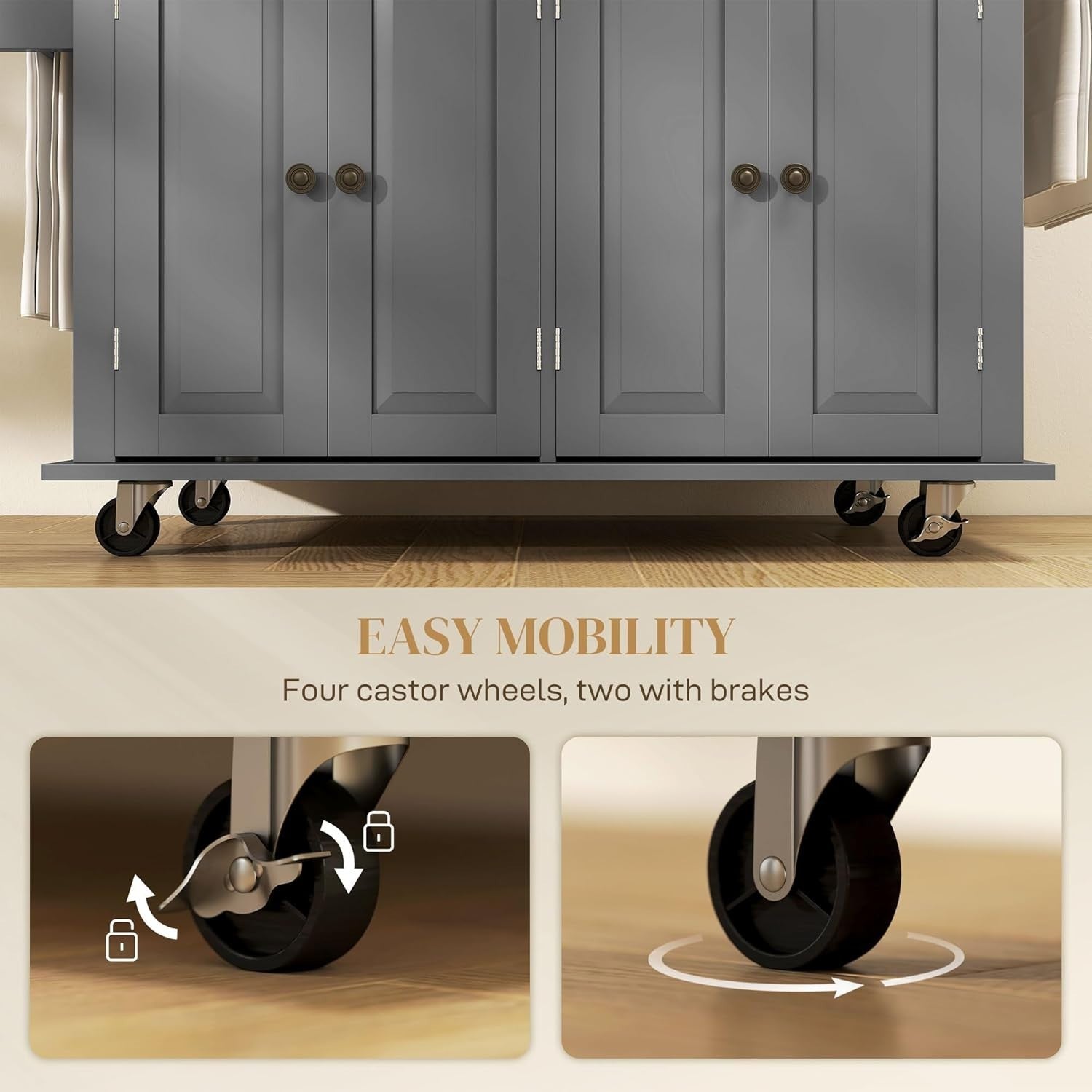 Rolling Kitchen Island Trolley with Drawers,Shelves & Rubber Wood Top 111x44.5cm