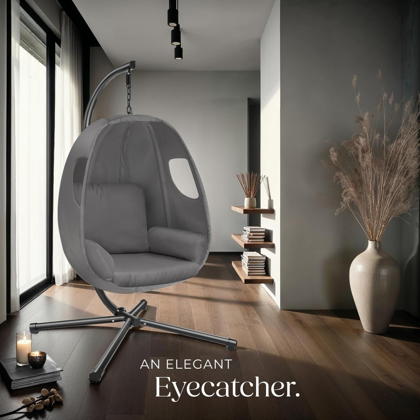 Swivel Hanging Egg Chair with Stand & Comfy Cushion for Indoor Outdoor Use
