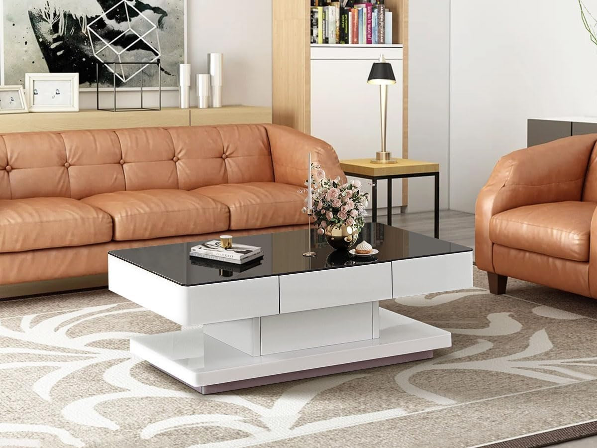High Gloss Tempered Glass Coffee Table with 2 Drawers Storage 100x60cm