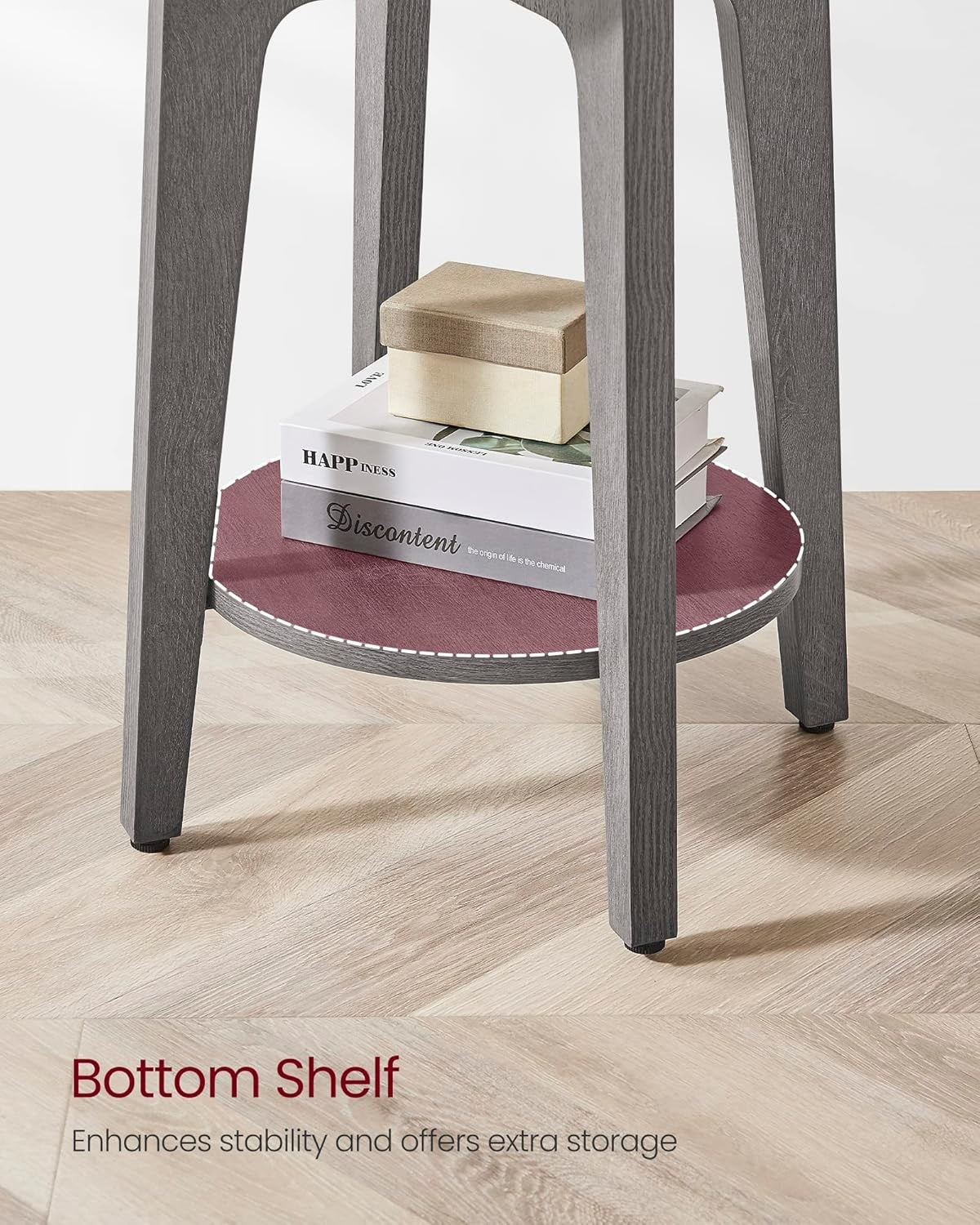 Smoky Grey Round Side Table with Lower Shelf, Modern Small End Table