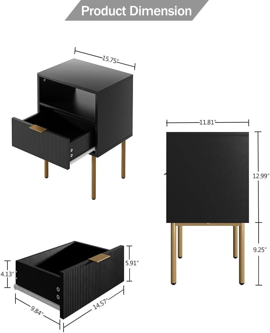 Modern Black Bedside Table with Gold Legs | 1 Drawer Nightstand with Shelf