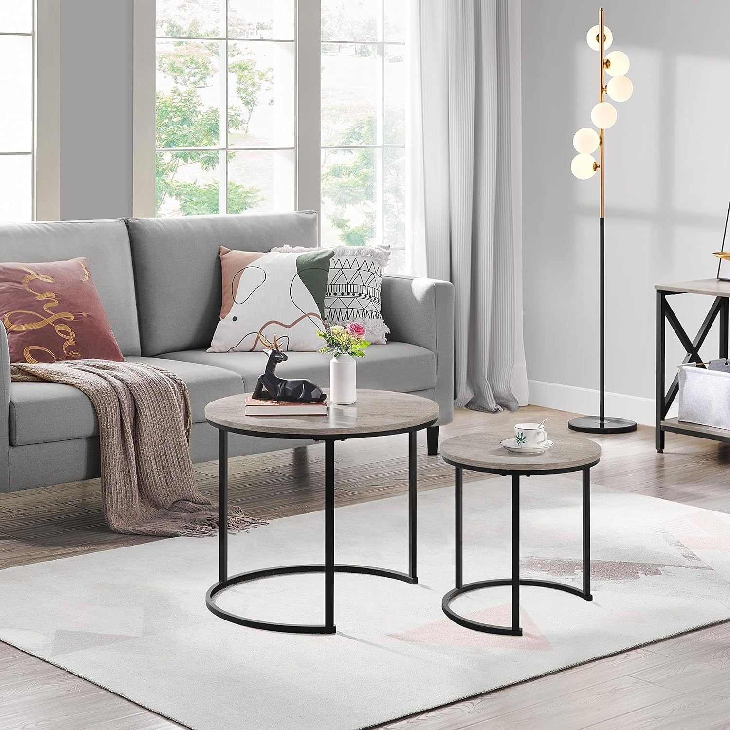 Space Saving Nesting Coffee Table Set Grey Round Side End Tables Engineered Wood