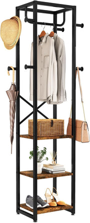 Freestanding Coat Rack with Shelves & Hooks | Industrial Entryway Organizer