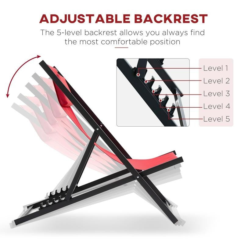2x Folding Red Deck Chairs Reclining Aluminium Garden Patio Loungers