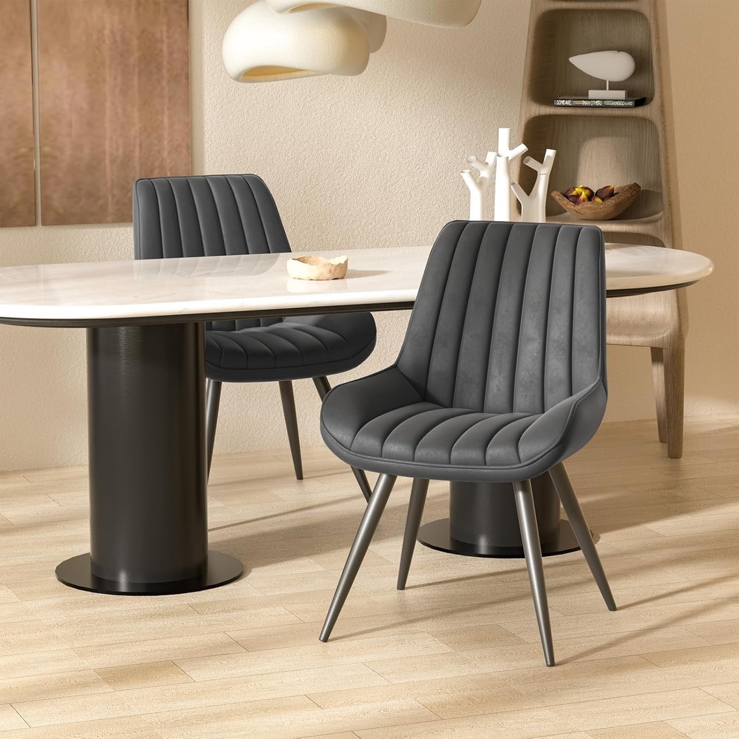 Dark Grey Upholstered Dining Chairs Set of 2 | Modern Fabric Armchairs