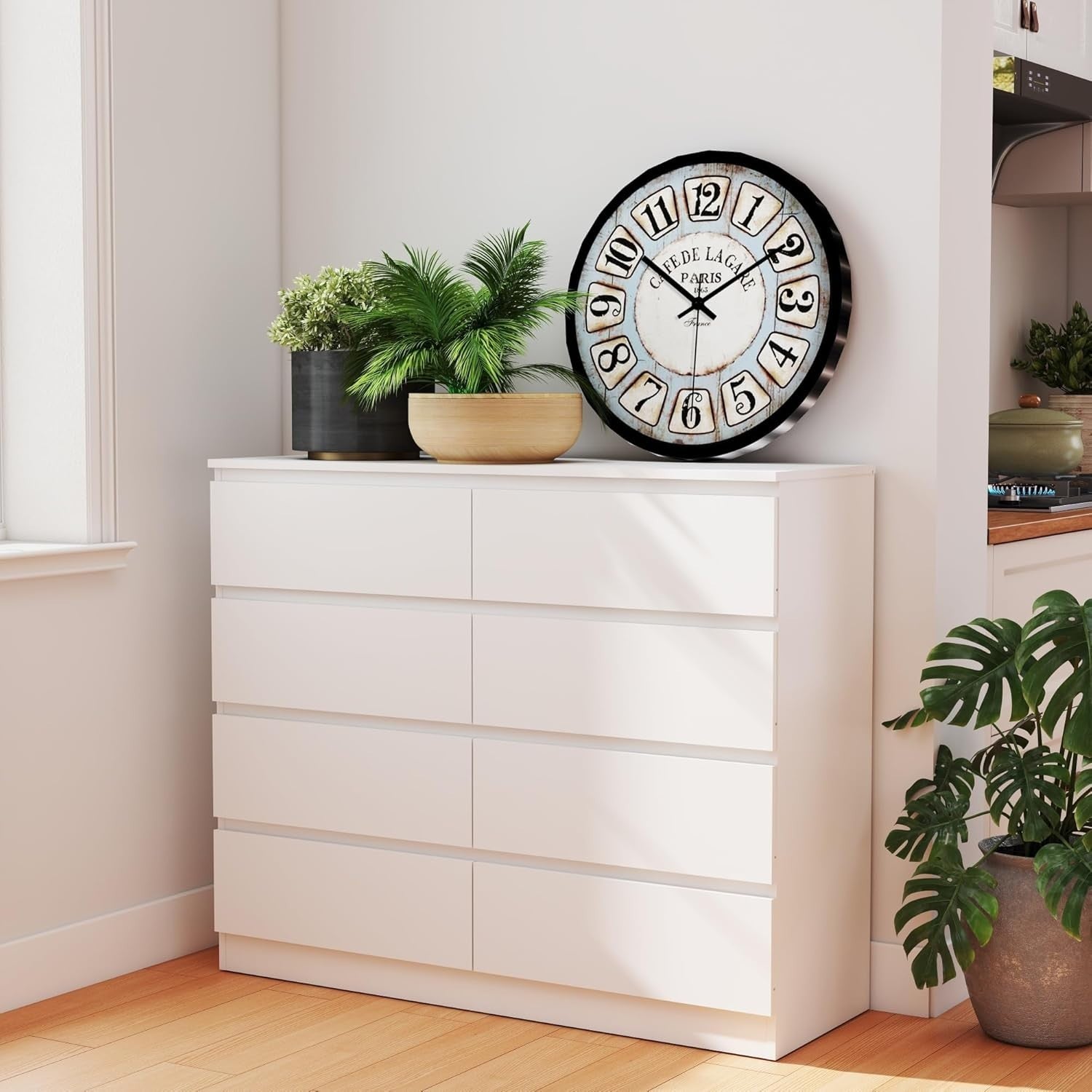 Modern White 8 Drawer Chest Wide Storage Unit No Handles 115x95x39cm