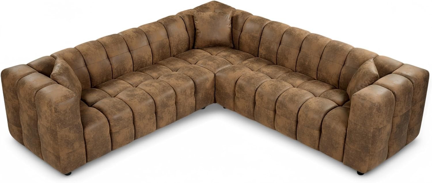 Brown Faux Leather 5 Seater L Shape Corner Sofa – Deep Seats & Cushions