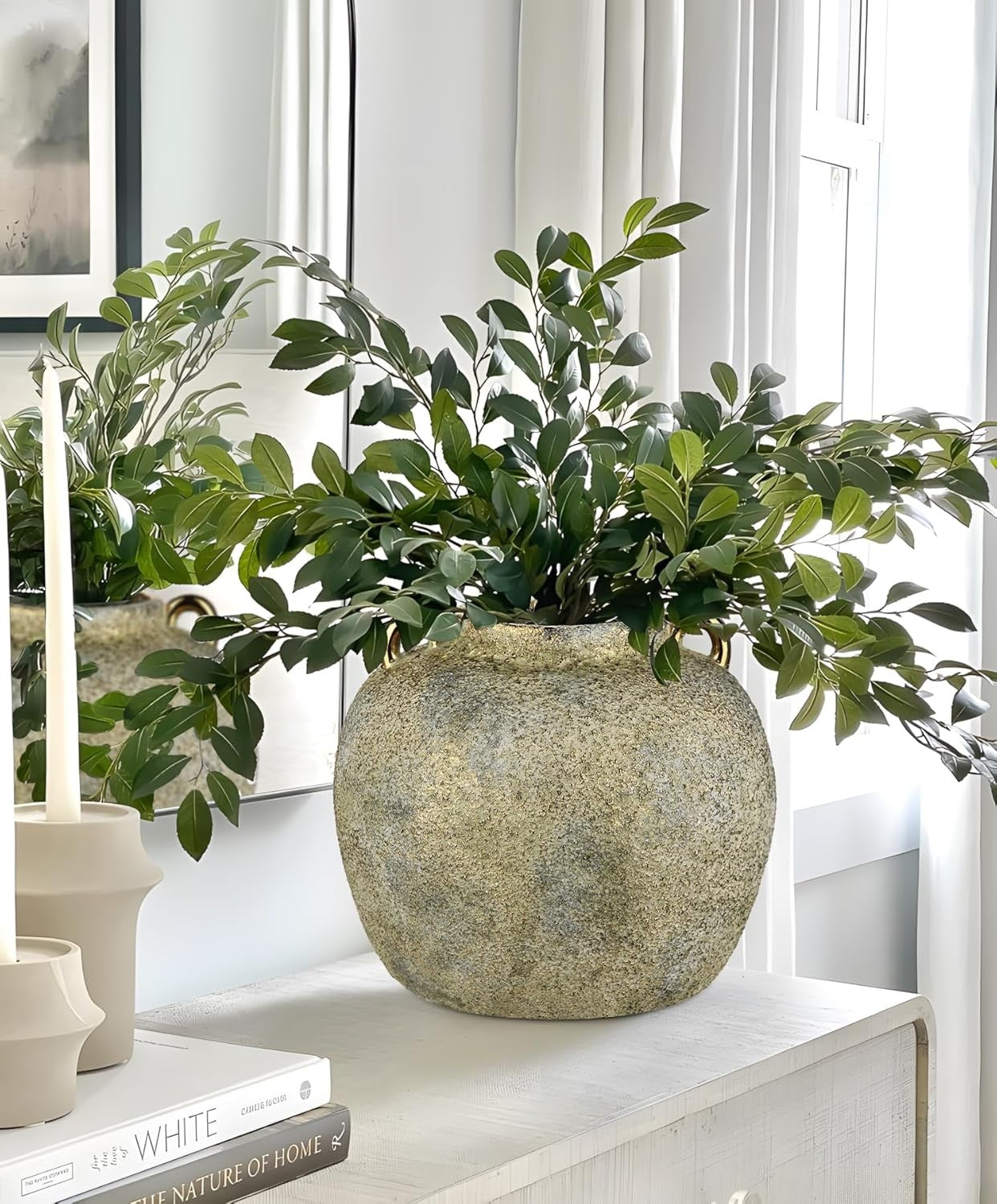 Rustic Gold Ceramic Vase 20cm with Handles Farmhouse Pampas