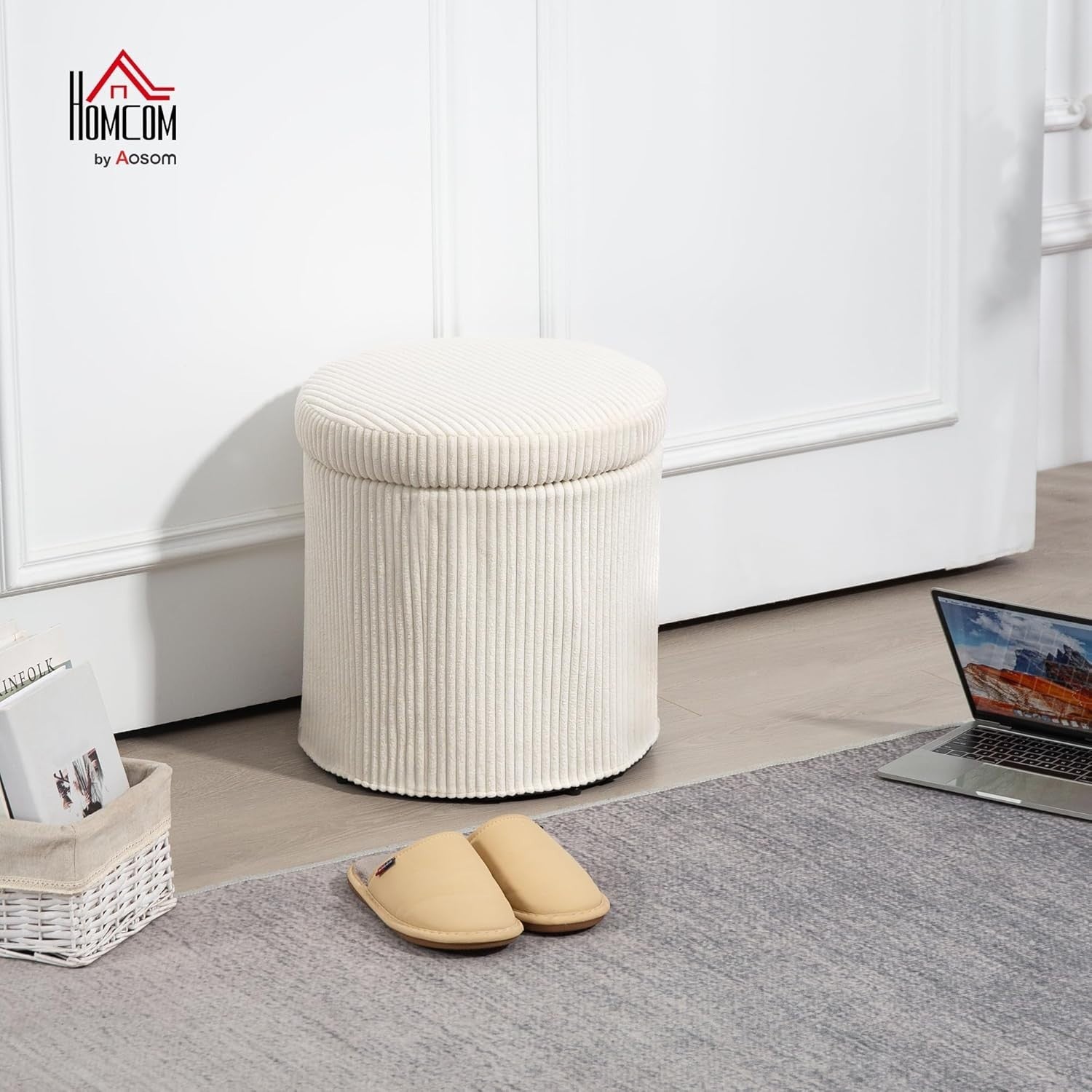 Beige Corduroy Storage Ottoman Round Footstool 40cm Padded Seat with Legs