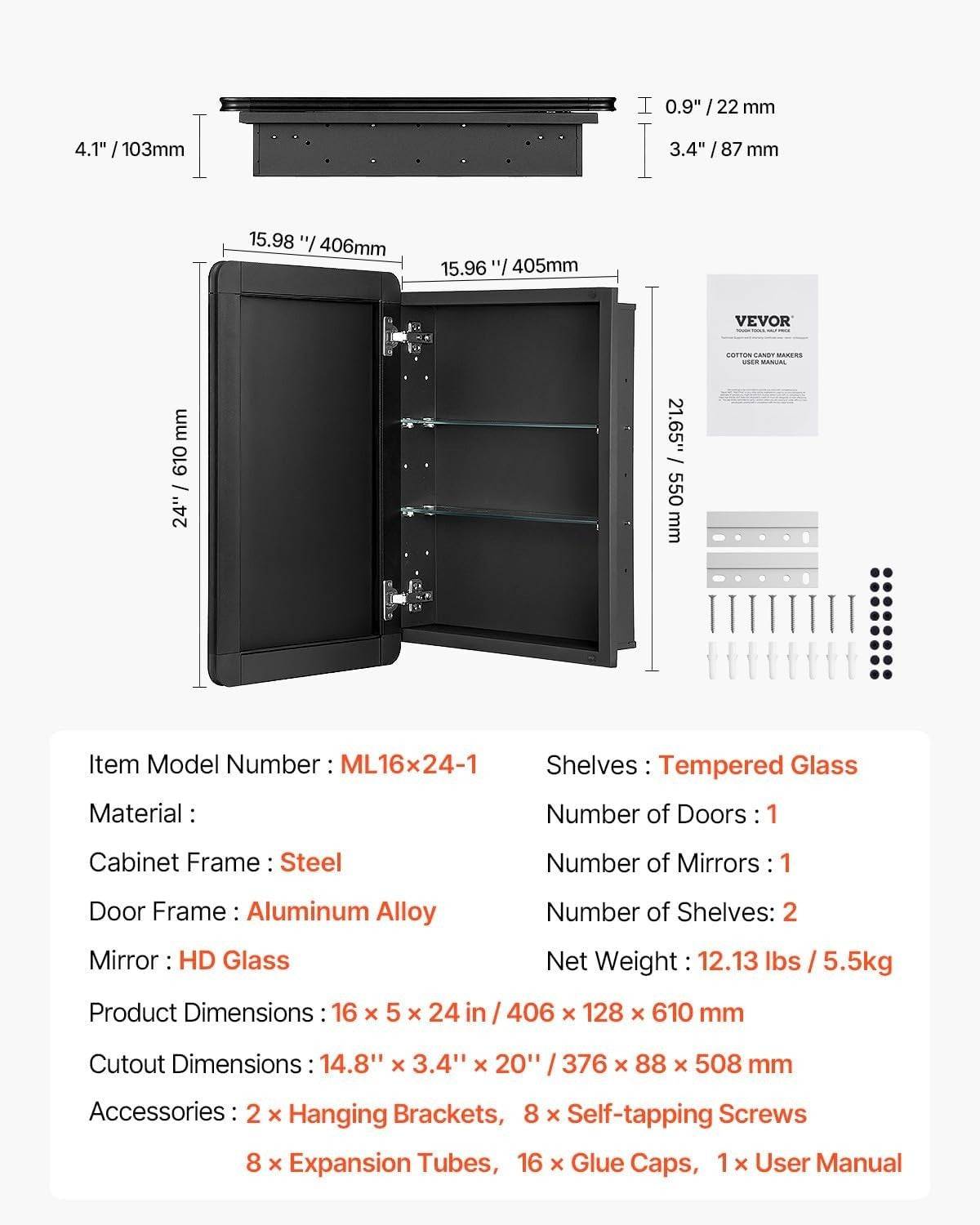 Bathroom Mirror Cabinet 41x61cm Wall Mount 2-Layer Adjustable Storage