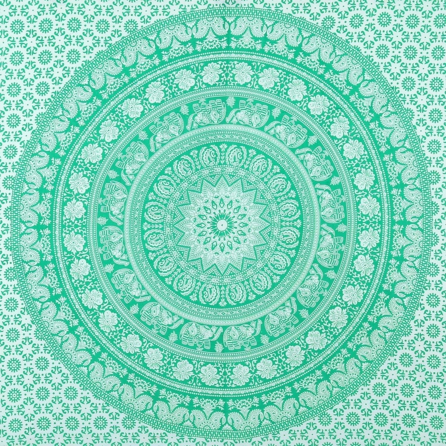 Extra-Large Green Cotton Mandala Elephant Wall Tapestry 90x84
