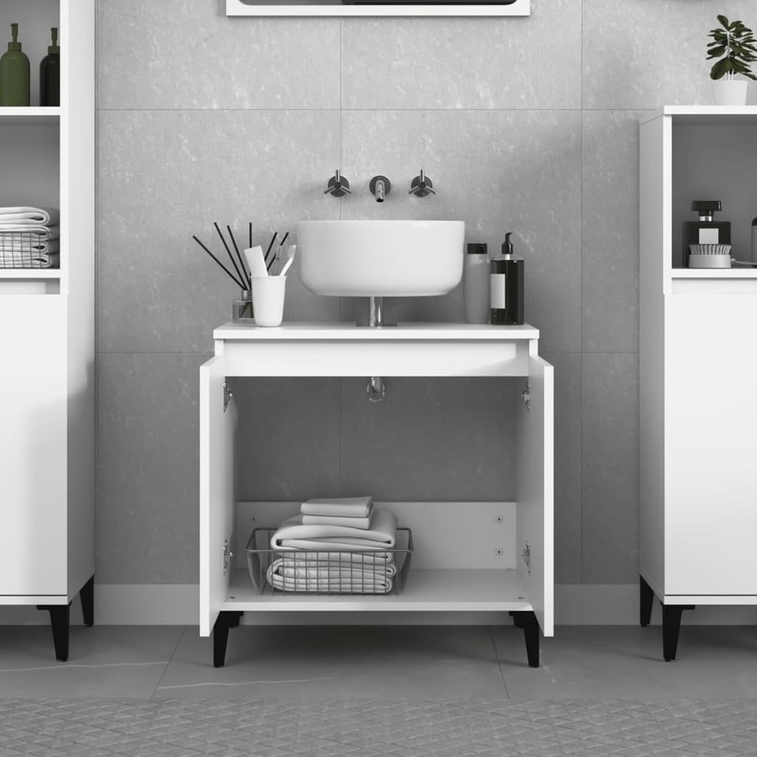 Modern White Bathroom Sink Cabinet | Under Sink Storage Unit 58x33x60cm