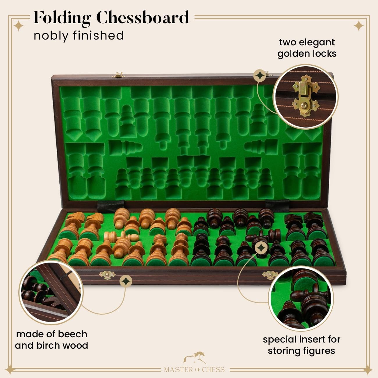 56cm Luxury Wooden Chess Set | Handcrafted Old Polish Design | Copper Inlay Boar