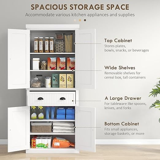 Tall White Kitchen Pantry Cupboard 4 Door Freestanding Cabinet with Drawer