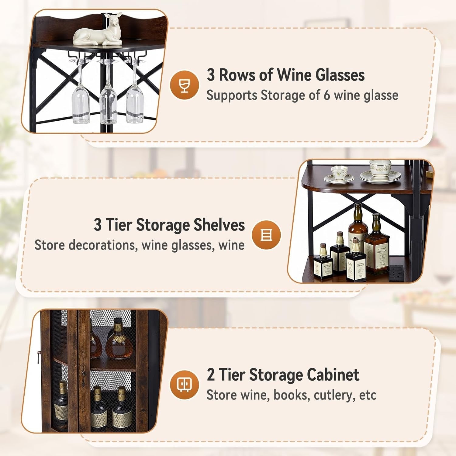 Corner Wine Bar Cabinet with LED Lights, 5-Tier Bottle Rack & Glass Holder