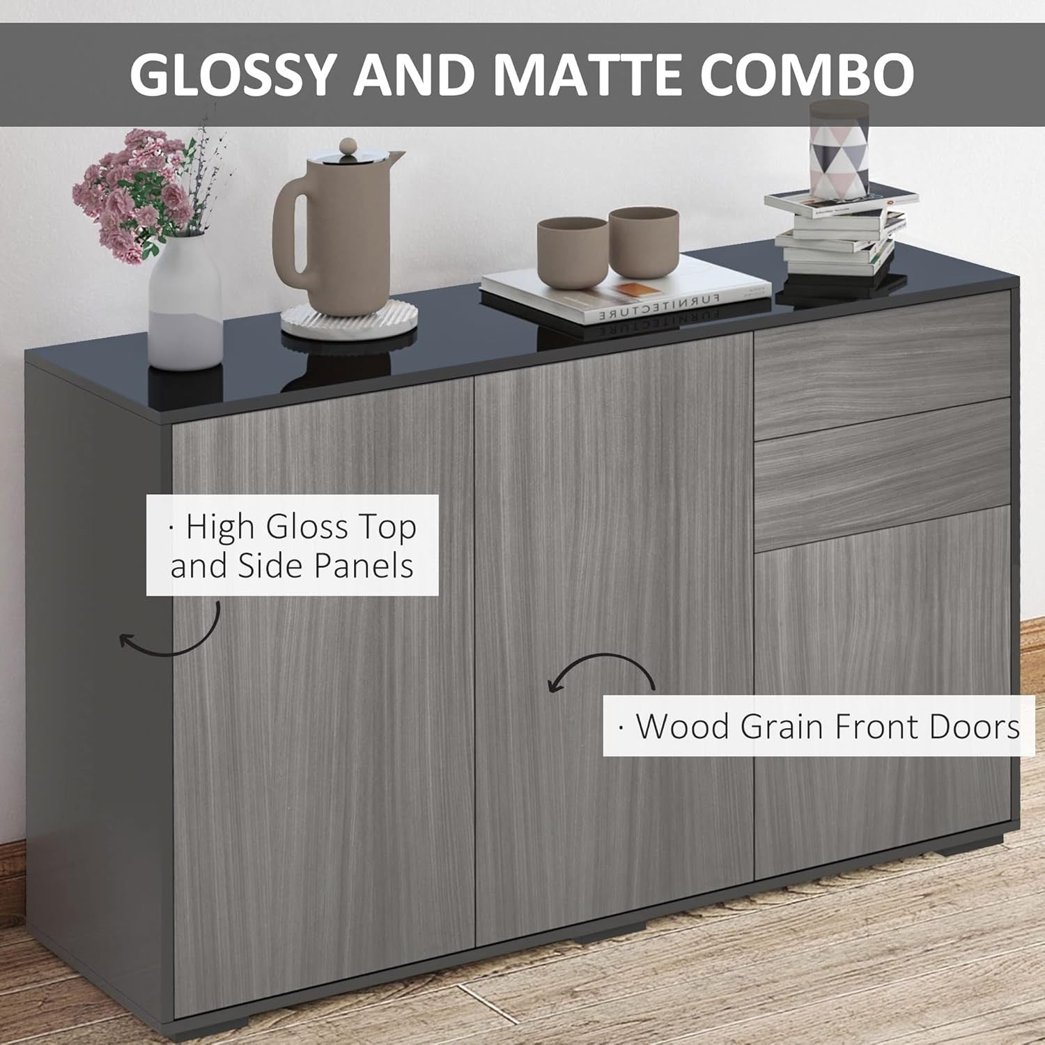 Modern High Gloss Sideboard Cabinet with 2 Drawers & Push-Open Doors Grey