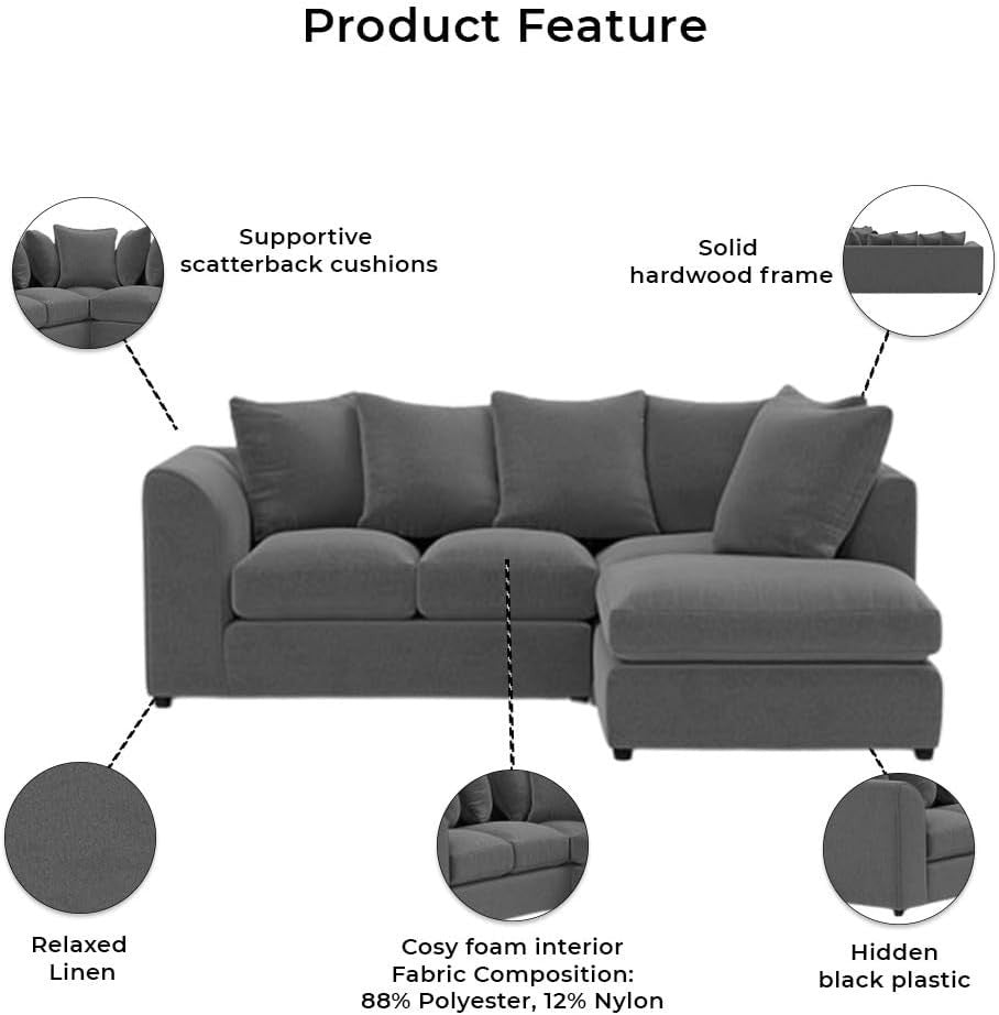 Grey L Shaped 4 Seater Modular Sofa – Left Hand Space-Saving Corner Couch