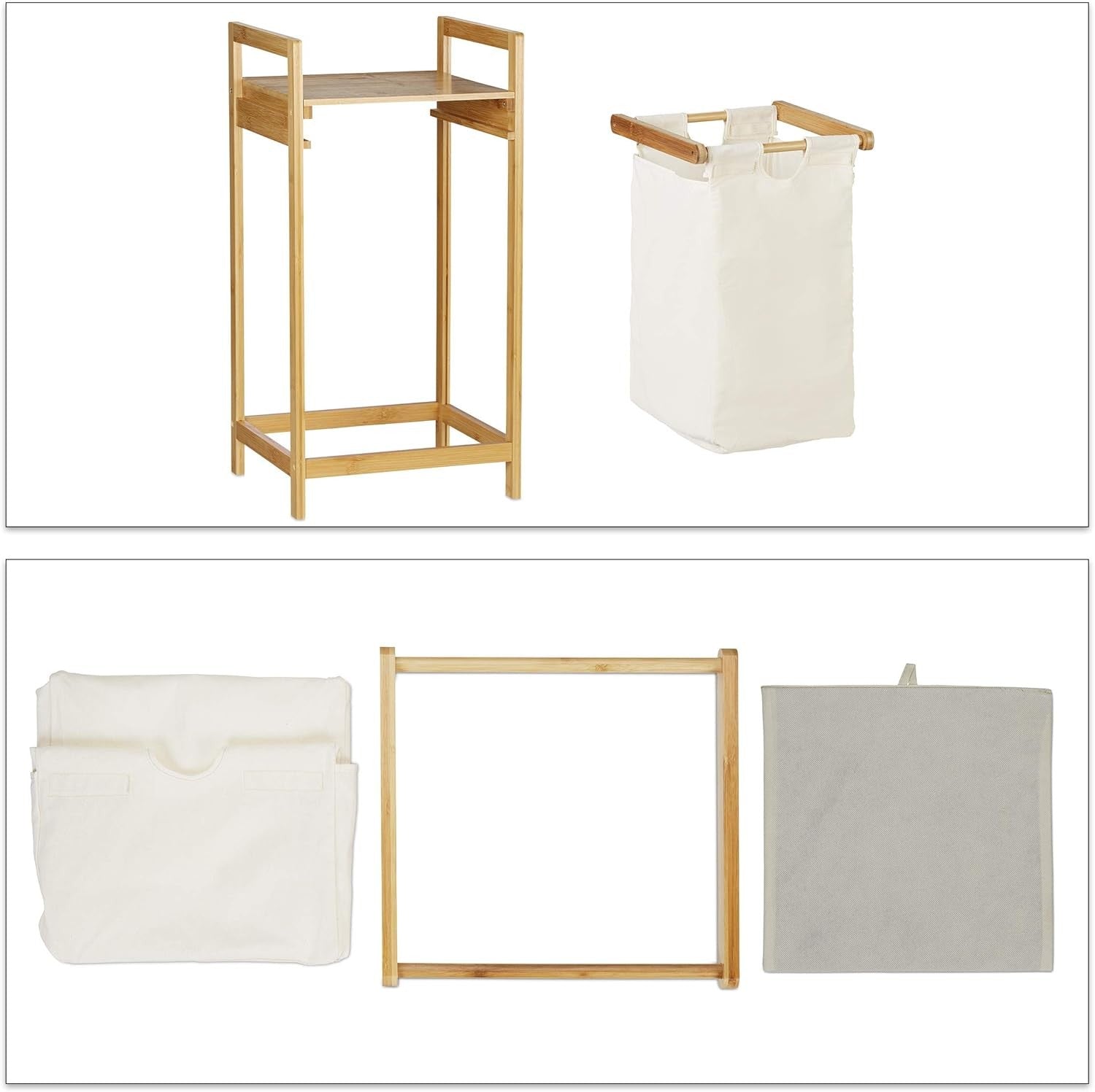 Bamboo Laundry Hamper with Shelf Pull-Out Bag 30L Natural Wood Storage Stand