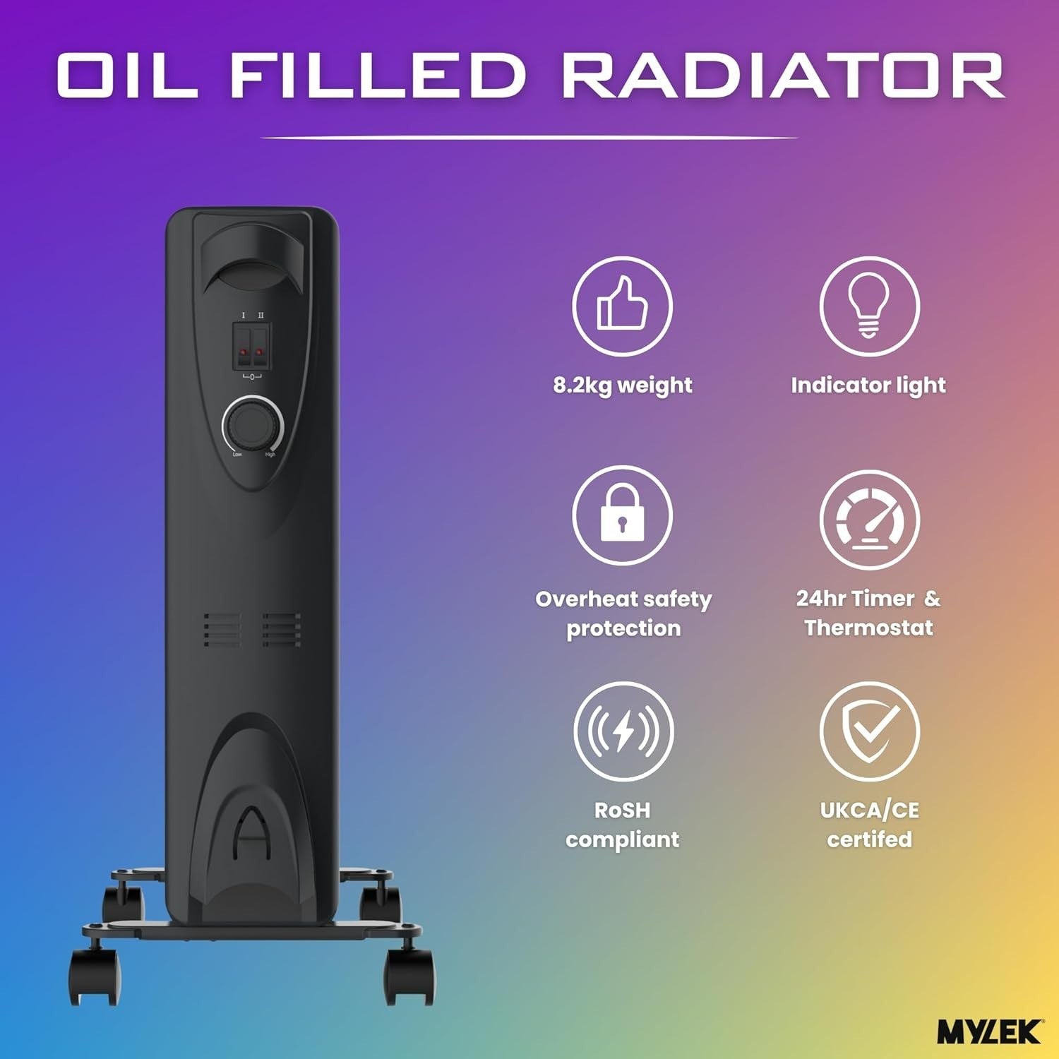 2500W Oil Filled Radiator Heater Portable Electric 3 Heat Settings Thermostat