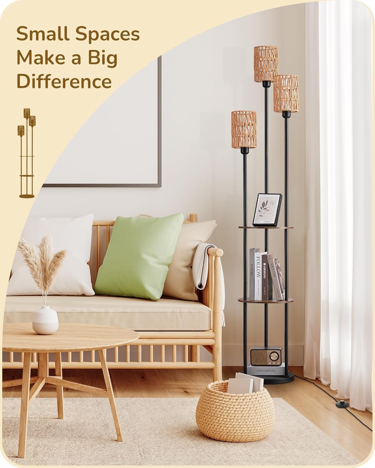 3-Light Boho Floor Lamp with Shelves & Rope Shades, Warm LED Lighting