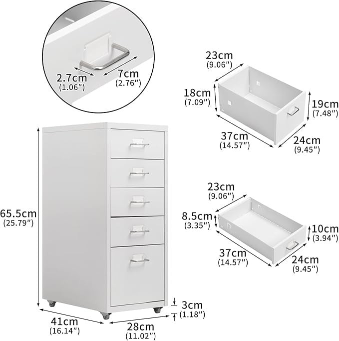 5 Drawer Metal File Cabinet with Wheels, Under Desk Office Storage, Rolling
