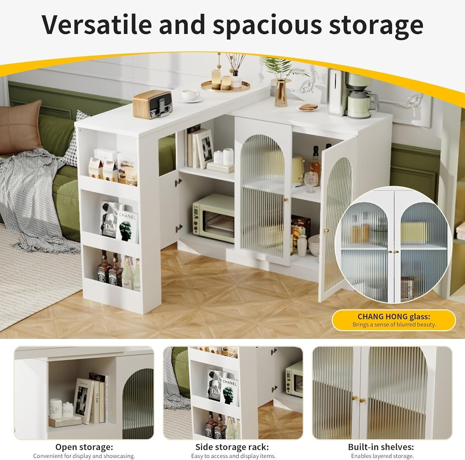 360° Rotating Kitchen Island with Glass Doors & Multiple Storage Shelves White