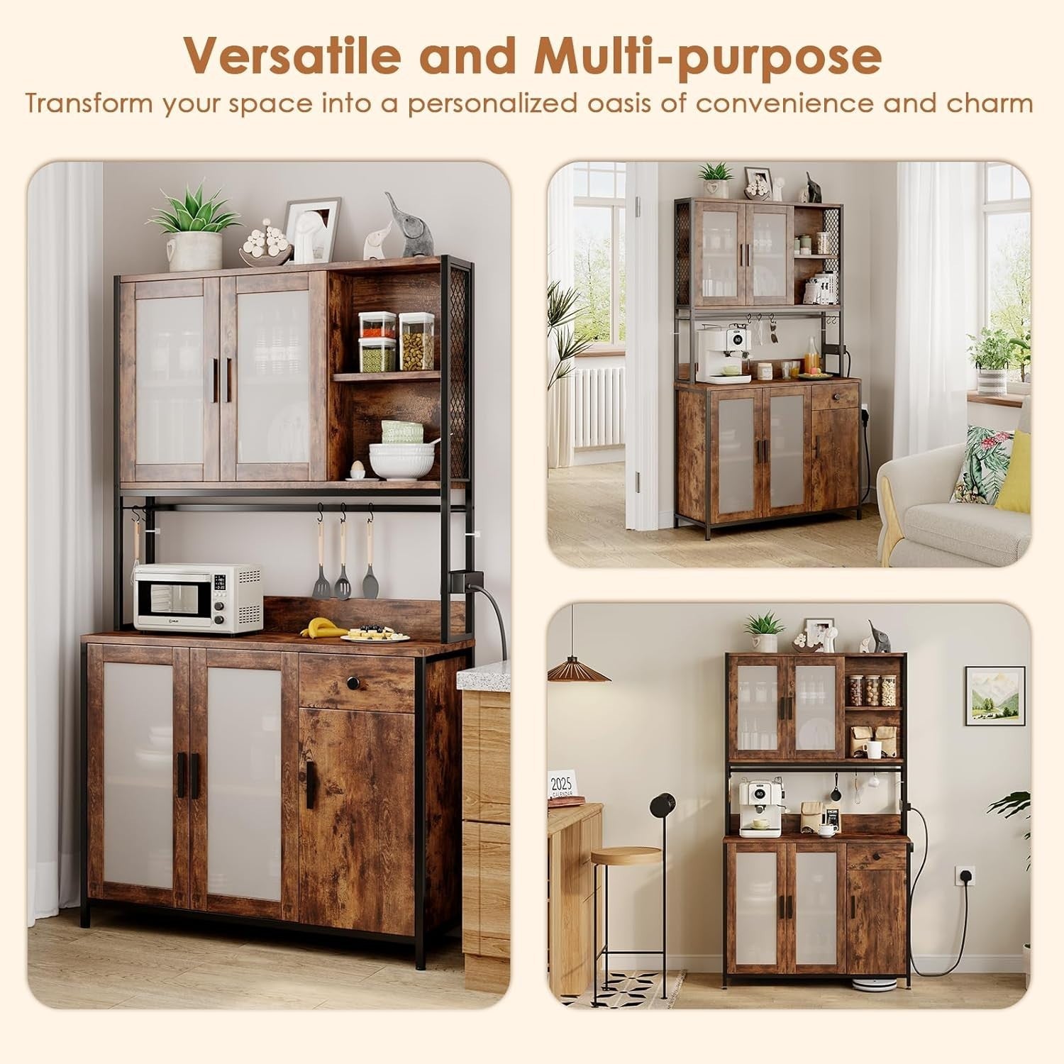 Rustic Brown & Black Tall Kitchen Pantry Cupboard 5 Doors 1 Drawer