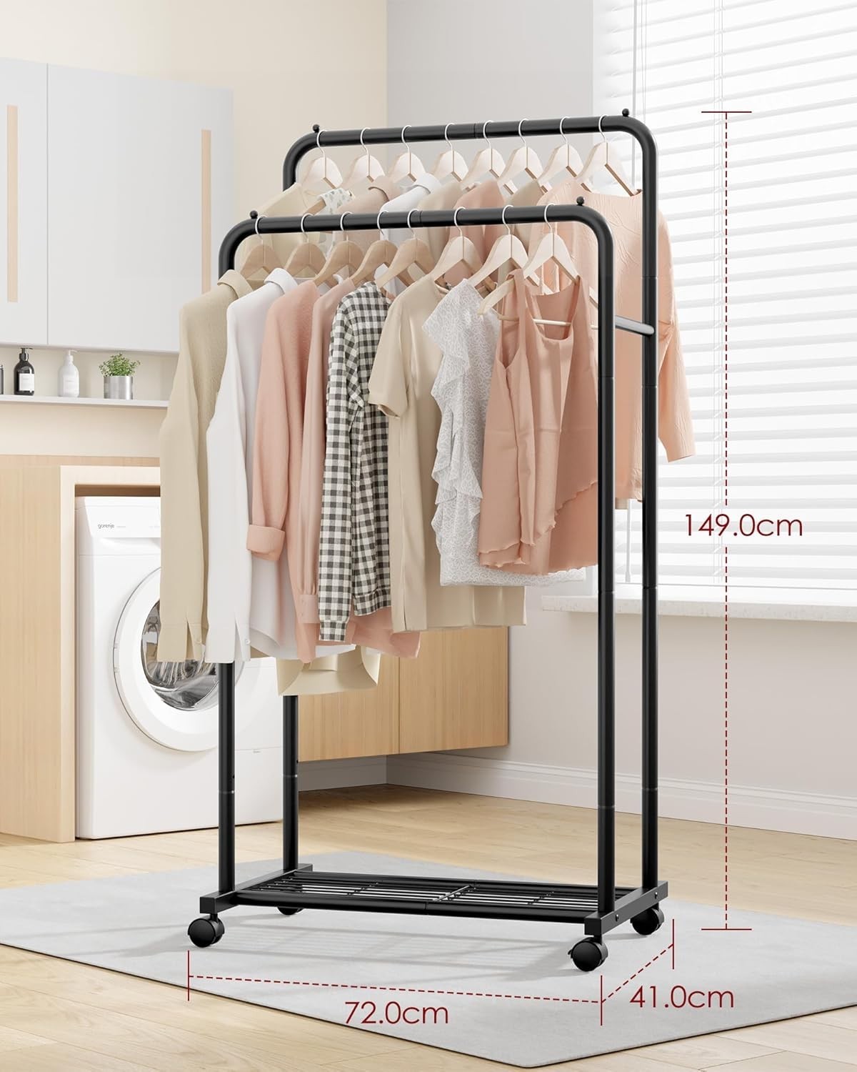 Heavy Duty Double Rod Clothes Rail with Wheels & Shelf – Black 72×41×149c