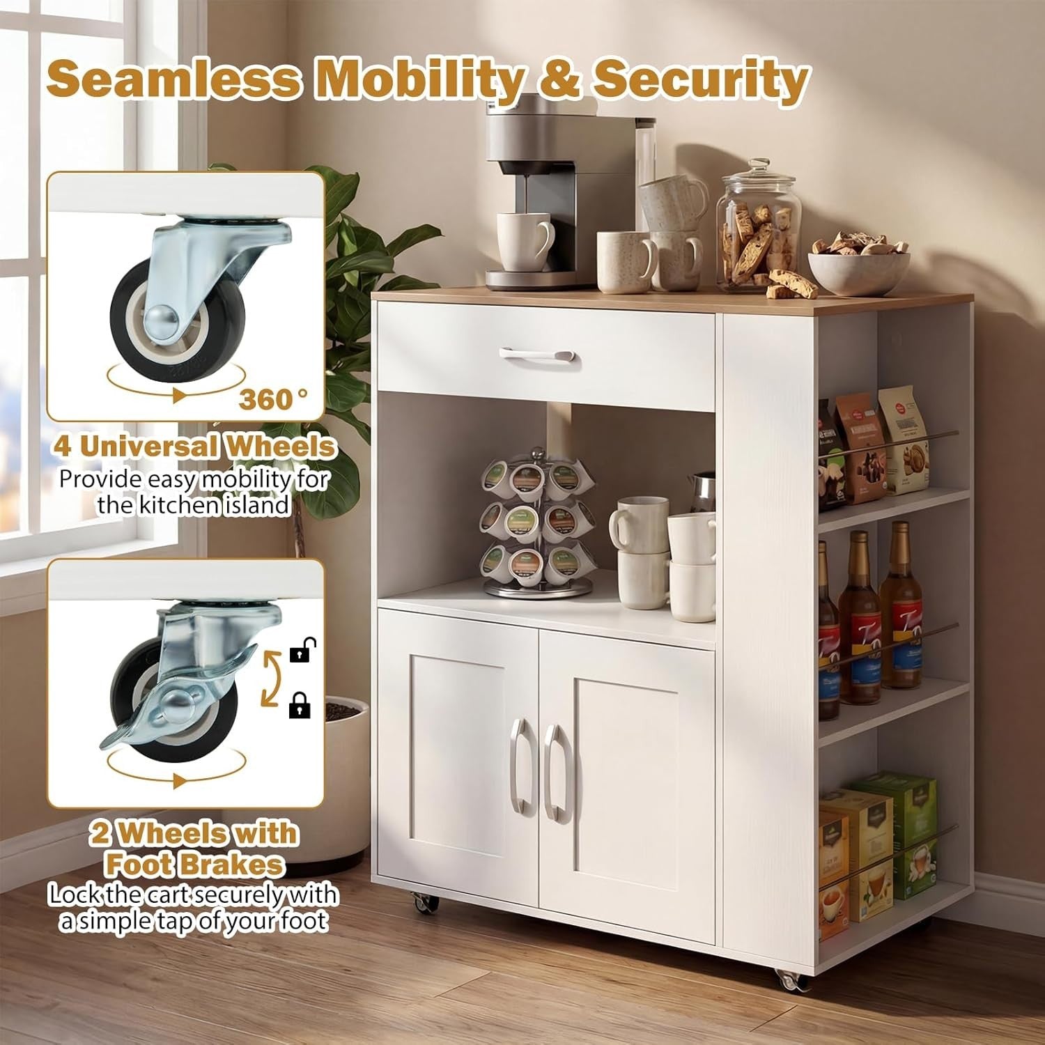 Kitchen Island Trolley White Natural with Spice Rack