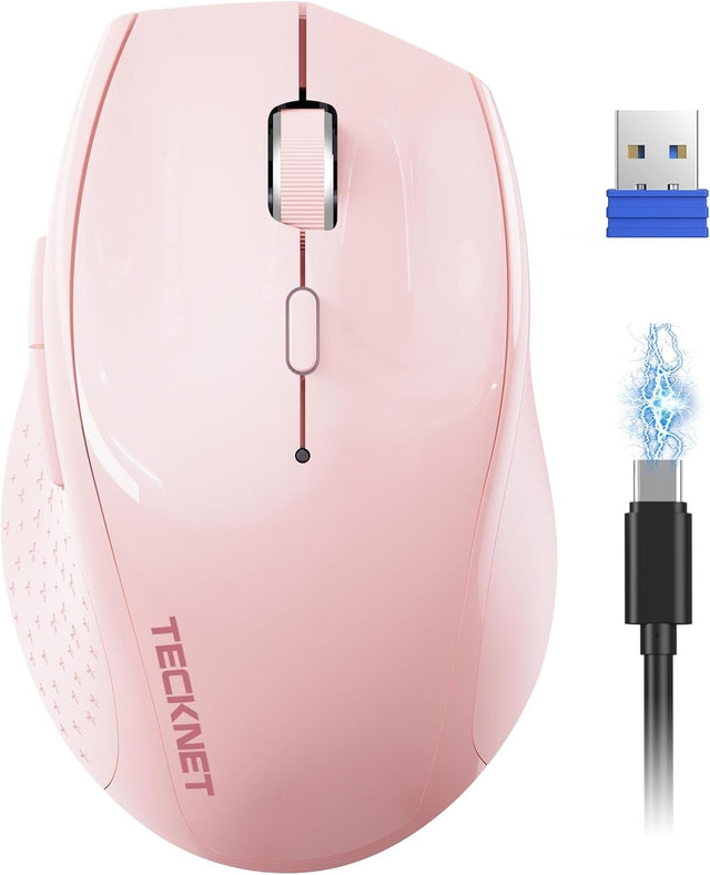 Pink Rechargeable Wireless Mouse 6400 DPI Silent Ergonomic USB for Laptop PC