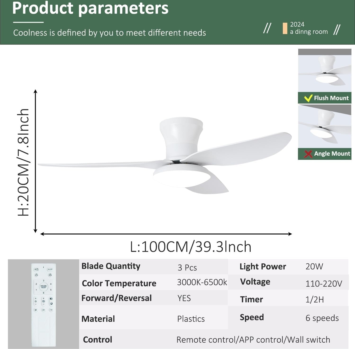 Lrenjon 100CM Modern Ceiling Fan Light, 6-Speed Silent LED – White