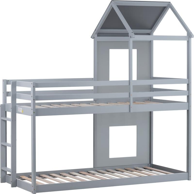 3FT Grey Treehouse Bunk Bed Kids Solid Wood Frame with Canopy Ladder Safety Rail
