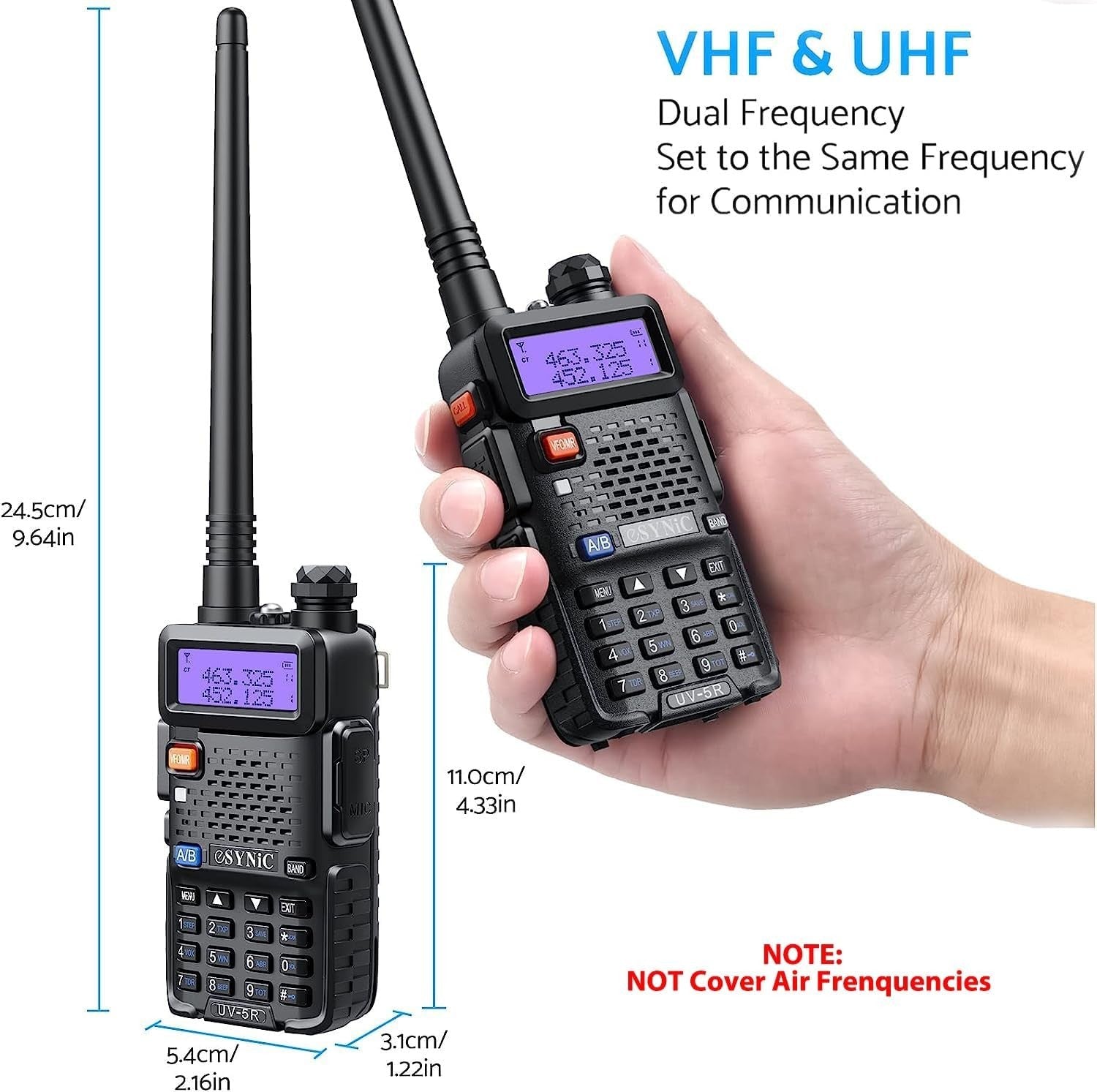 Dual Band UV-5R Walkie Talkie 5W Long Range 128CH VOX FM Radio