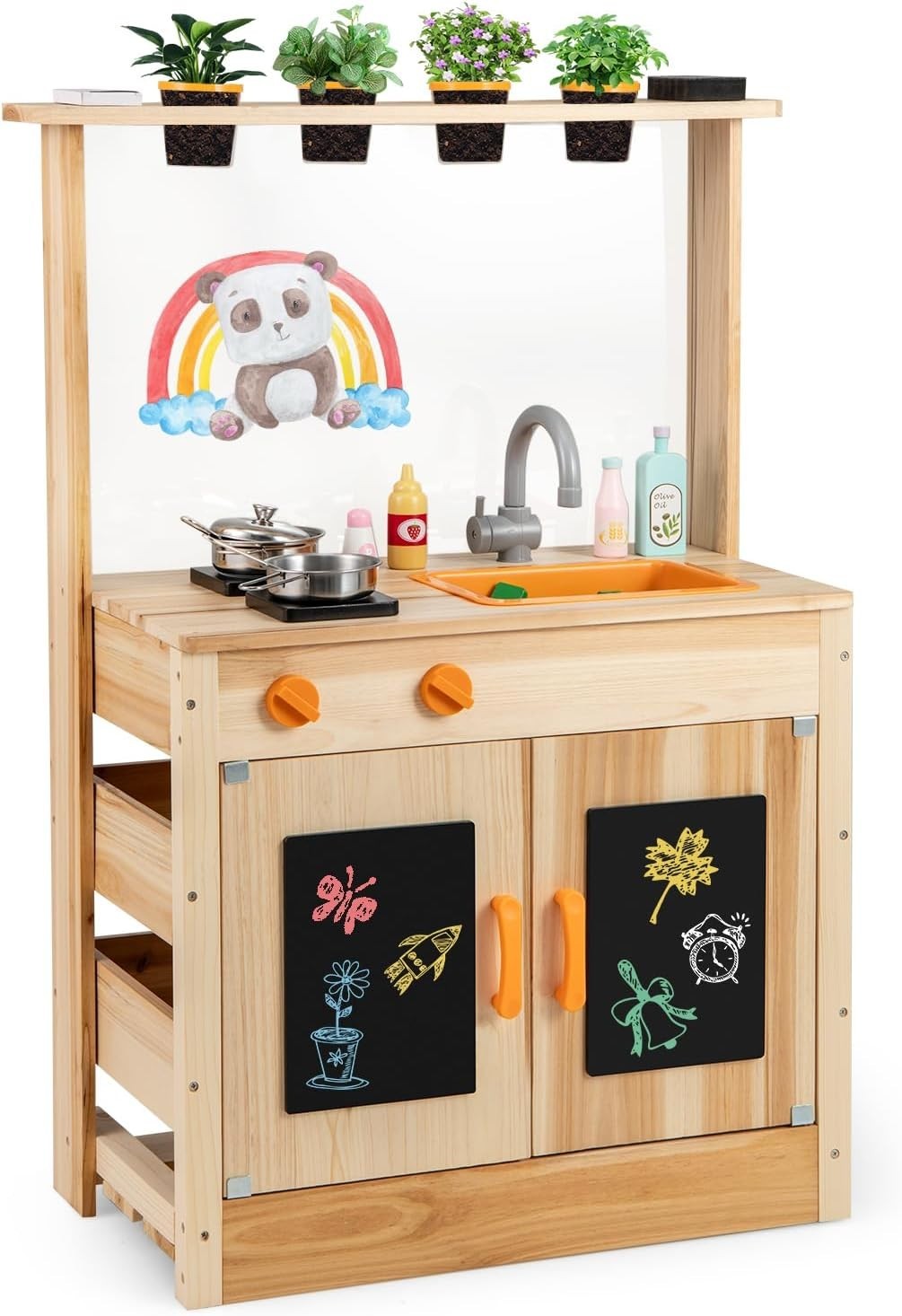 Outdoor Wooden Mud Kitchen Kids Playset Chalkboards Plant Pots Sink