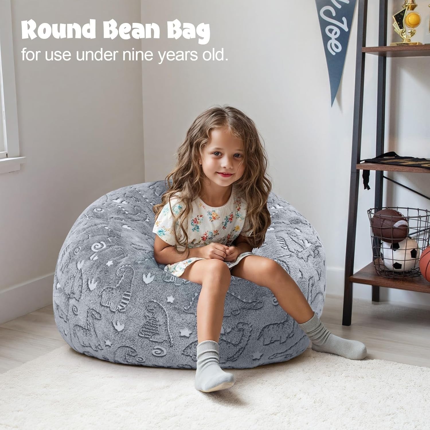 Kids Bean Bag Chair Bed Grey Dinosaur | Sofa Lounger Washable 75x75cm