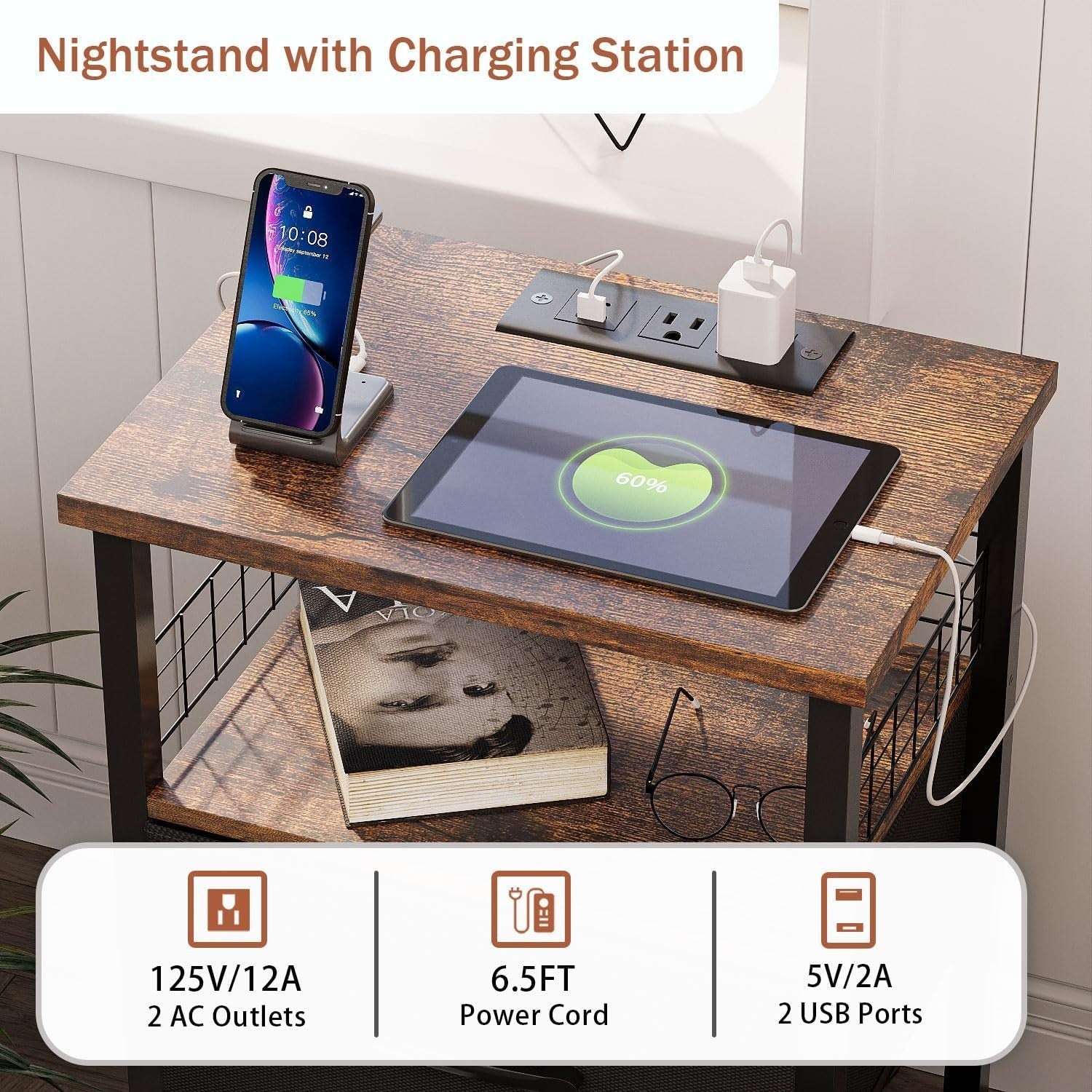 Set of 2 Rustic Brown LED Bedside Tables with 3 Drawers & USB Charging Ports
