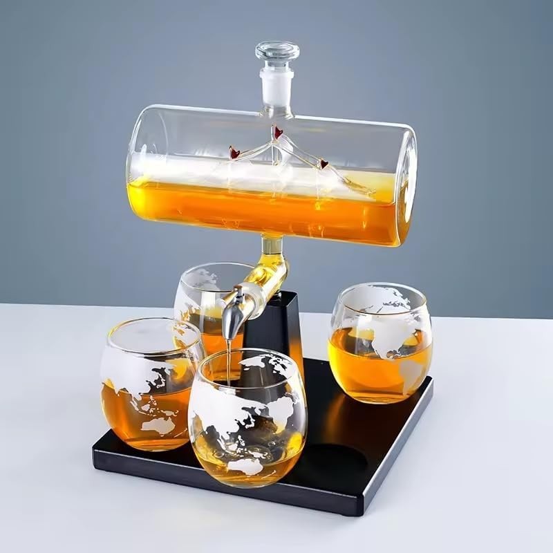 Whiskey Decanter Set 1000ml Crystal Decanter 4 Glasses Wooden Base Gift