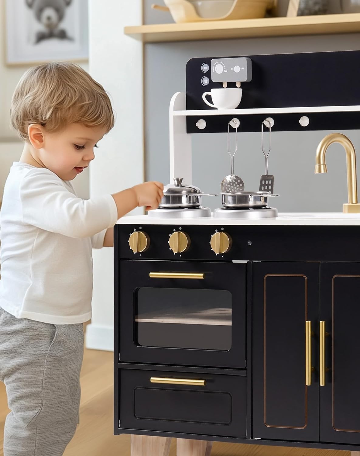 Kids Wooden Play Kitchen w/ Coffee Machine Black Pretend Toy