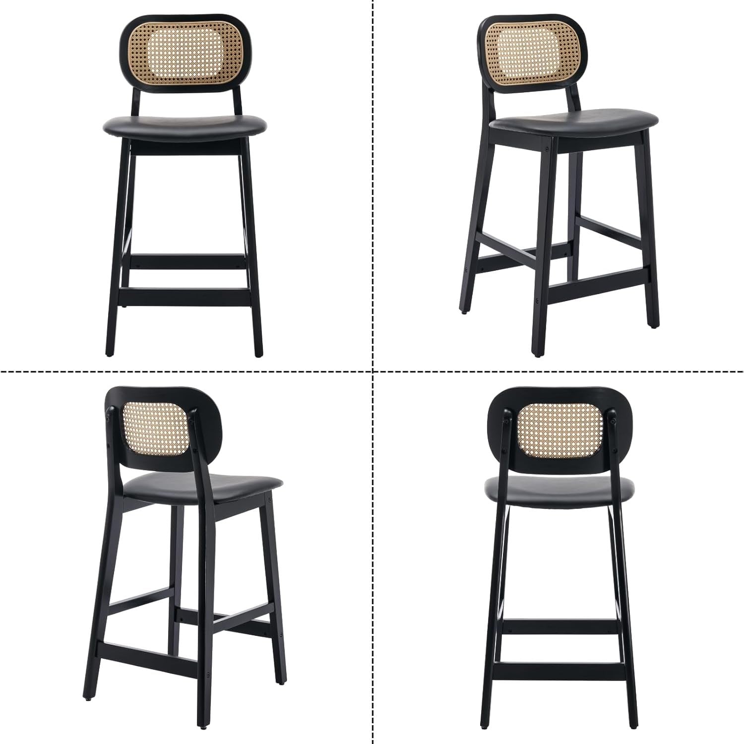 Ergonomic PU Leather Bar Stools with Rattan Backrest & Solid Wood Frame